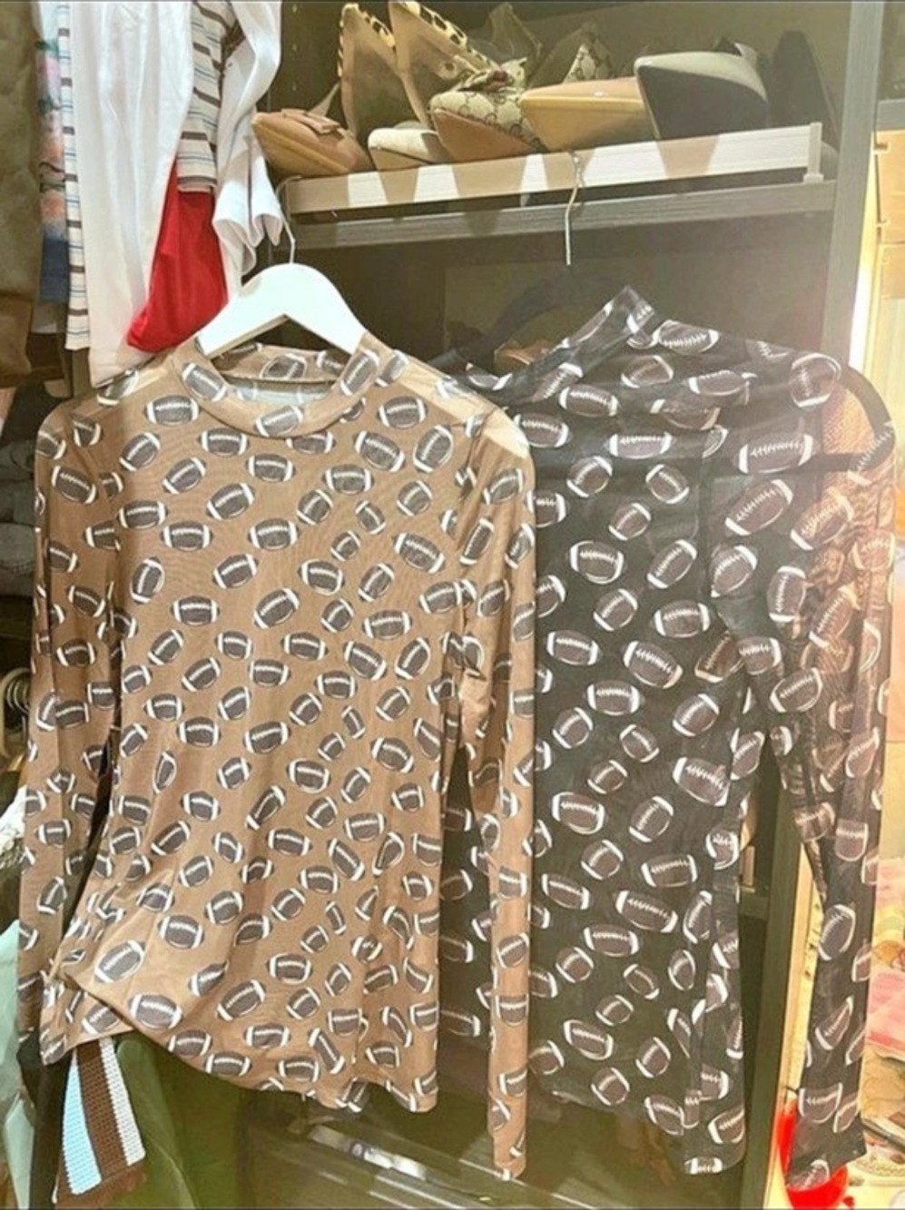 Football Print Button Down Shirt in Brown & White